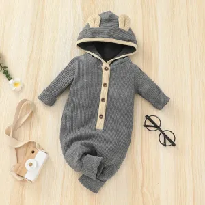 Ribbed Solid Hooded 3D Ear Long-sleeve Baby Jumpsuit #191950