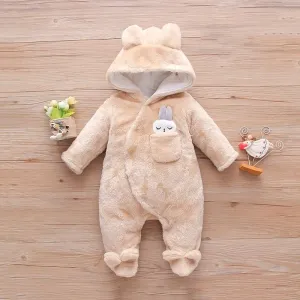 Solid Rabbit Decor Fleece Hooded Footed/footie Long-sleeve Baby Jumpsuit #1094327