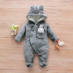 Solid Rabbit Decor Fleece Hooded Footed/footie Long-sleeve Baby Jumpsuit #1095443