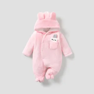 Solid Rabbit Decor Fleece Hooded Footed/footie Long-sleeve Baby Jumpsuit #188935