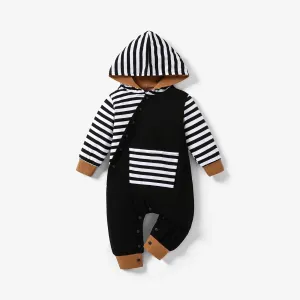 Striped Splicing Long-sleeve Hooded Baby Snap-up Jumpsuit #194083