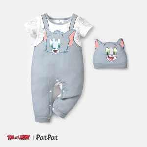 Tom and Jerry 2pcs Baby Boy Short-sleeve Graphic Jumpsuit and 3D Ear Hat Set #844739