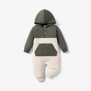 Waffle Colorblock Long-sleeve Hooded Baby Jumpsuit #192247