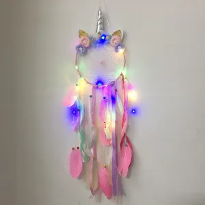 Cute Colored Unicorn Dream Catchers Baby Kids Girls Nursery Room Decorations Hanging Dreamcatcher Including LED Light #841980