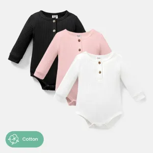 3-Pack Baby Girl/Boy Cotton Button Design Solid Color Ribbed Long-sleeve Rompers #219517