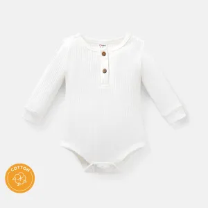 Baby Girl/Boy Cotton Button Design Solid Color Ribbed Long-sleeve Rompers #218067
