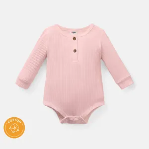 Baby Girl/Boy Cotton Button Design Solid Color Ribbed Long-sleeve Rompers #218074