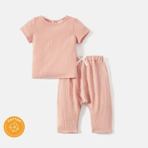 2pcs Baby Girl/Boy 100 Cotton Button Design Solid Color Crepe Tee and Pants Set #233304