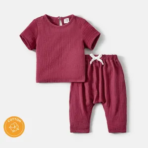 2pcs Baby Girl/Boy 100 Cotton Button Design Solid Color Crepe Tee and Pants Set #233309