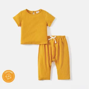 2pcs Baby Girl/Boy 100 Cotton Button Design Solid Color Crepe Tee and Pants Set #233314