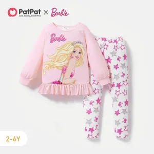 Barbie 2pcs Toddler Girl Ruffle Hem Long-sleeve Tee and Star Print Leggings Set #209395