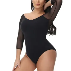 Breathable Black Long-Sleeve Bodysuit with Mesh Elasticity for Body Shaping #1068031