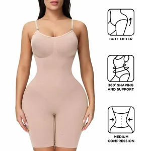 Women High-Rise Tummy Control Shapewear Seamless Bodysuit Butt Lifter Bodysuit Mid Thigh Body Shaper Shorts (Without Chest Pad) #197530