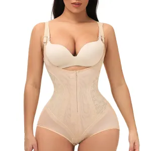 Women Mesh Panel Invisible Zipper Butt Lifter Tummy Control Shapewear Open Bust Bodysuit (Without chest pad) #197697
