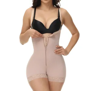 Women Shapewear Tummy Control Body Shaper Lace Trim Butt Lifting Shorts Zipper Open Bust Bodysuit #230435