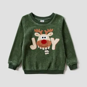 Christmas Family Matching Cartoon Embroidered Reindeer Long-sleeve Velvet Tops #1193000