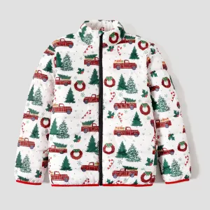 Christmas Family Matching Childlike Truck Carrying Tree  Zipper Stand Collar Coats #1193597
