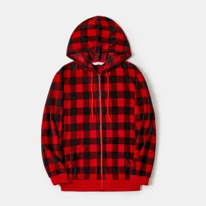 Christmas Family Matching Red and Black Plaid Hooded Drawstring Fleece Long-sleeve Coat Top #1083622
