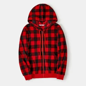 Christmas Family Matching Red and Black Plaid Hooded Drawstring Fleece Long-sleeve Coat Top #1083626