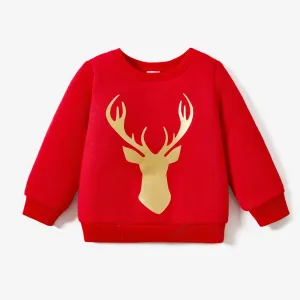 Christmas Family Matching Solid Color Reindeer Print Cotton Long Sleeve Tops #1194030
