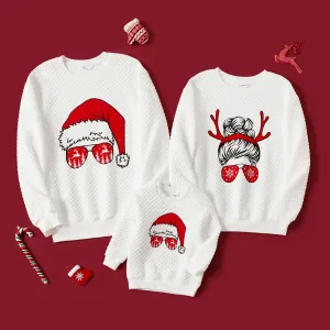 Christmas Graphic Print White Family Matching Long-sleeve Textured Sweatshirts #949227