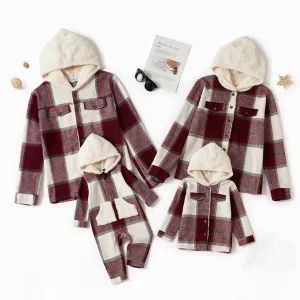 Family Matching Fleece Hooded Splicing Red Plaid Long-sleeve Outwear Tops #193618