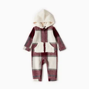 Family Matching Fleece Hooded Splicing Red Plaid Long-sleeve Outwear Tops #998252