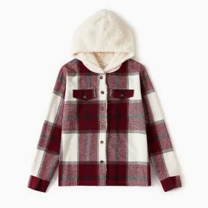 Family Matching Fleece Hooded Splicing Red Plaid Long-sleeve Outwear Tops #998527