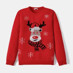 Family Matching Reindeer and Snowflake Print Long-sleeve Red Sweaters #1094981