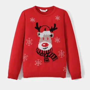 Family Matching Reindeer and Snowflake Print Long-sleeve Red Sweaters #1094986