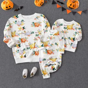 Halloween Allover Pumpkin Print Long-sleeve Pullover Sweatshirts for Mom and Me #815185