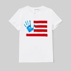 Independence Day Family Matching Handprint & Stripe Print Cotton Short-sleeve Tops #1036900
