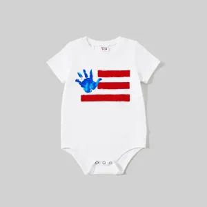 Independence Day Family Matching Handprint & Stripe Print Cotton Short-sleeve Tops #1036902