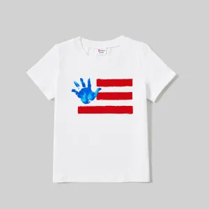 Independence Day Family Matching Handprint & Stripe Print Cotton Short-sleeve Tops #1036907