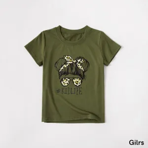 Mommy and Me Matching Olive Green Letter Print Short Sleeves Graphic T-shirts #191089
