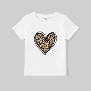 Mommy and Me Leopard Heart Print Cotton Short-sleeve Tee #922640