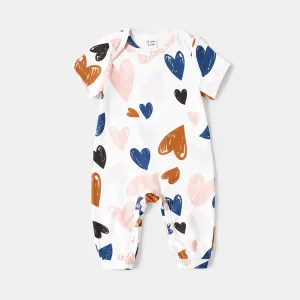 Mother's Day Family Matching Cotton Short-sleeve Allover Heart Print and Colorblock Ribbed Tops #897543