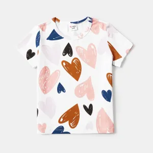 Mother's Day Family Matching Cotton Short-sleeve Allover Heart Print and Colorblock Ribbed Tops #897551