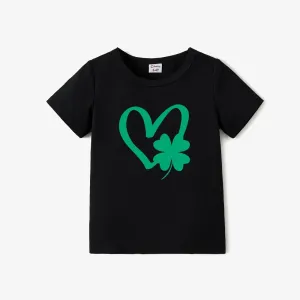 St. Patrick's Day Family Matching Heart and Four-Leaf Clover Pattern Black Tops #1326678