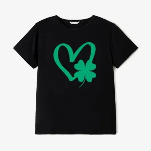 St. Patrick's Day Family Matching Heart and Four-Leaf Clover Pattern Black Tops #1326682