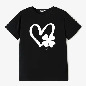 St. Patrick's Day Family Matching Heart and Four-Leaf Clover Pattern Black Tops #1326688