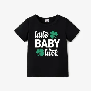 St. Patrick's Day Family Matching Lucky Four-Leaf Clover and Letter Printed Cotton Black Tops #1331223