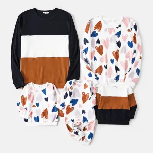Family Matching Allover Heart Print and Colorblock Ribbed Long-sleeve Sweatshirts #221510