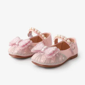 Toddler and Kids Girls Sweet Bow & Faux-pearl & Rhinestone Decor Velcro Leather Shoes #1320425