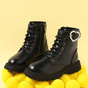 Toddler / Kid Faux Pearl Heart Decor Black Lace Up Boots #832995