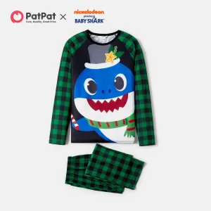 Baby Shark Family Matching Cartoon Shark Print Christmas Plaid Long-sleeve Pajamas Sets (Flame Resistant) #816137