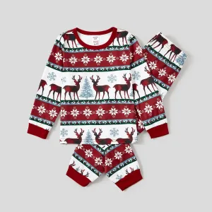 Christmas Allover Reindeer and Snowflake Print Family Matching Pajamas Sets (Flame Resistant) #1083664