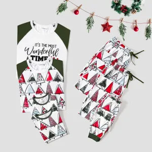 Christmas Cartoon Tree Print Family Matching Contrast Sleeves Pajamas Sets (Flame Resistant) #1083801