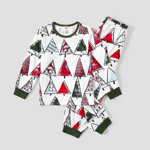 Christmas Cartoon Tree Print Family Matching Contrast Sleeves Pajamas Sets (Flame Resistant) #1083805