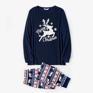 Christmas Deer and Letters Print Navy Family Matching Long-sleeve Pajamas Sets (Flame Resistant) #1004627